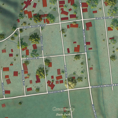 Close-up of the map of Conconully, Washington print showing street and building detail