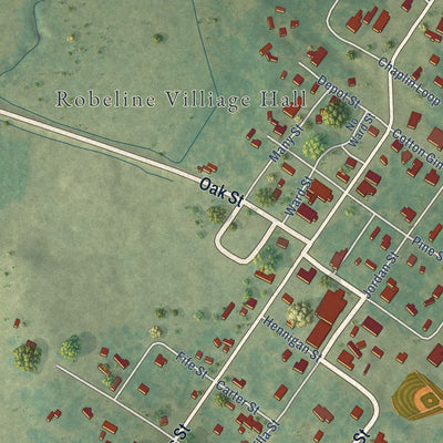 Close-up of the map of Robeline, Louisiana print showing street and building detail