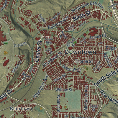 Close-up of the map of Rock Springs, Wyoming print showing street and building detail