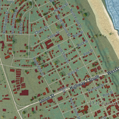 Close-up of the map of Dardanelle, Arkansas print showing street and building detail