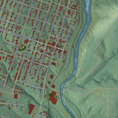 Close-up of the map of Mayodan, North Carolina print showing street and building detail
