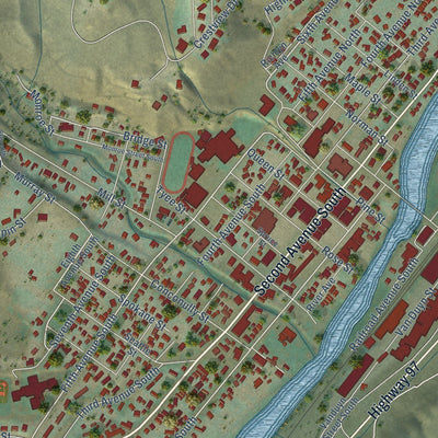 Close-up of the map of Okanogan, Washington print showing street and building detail