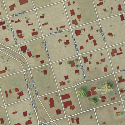 Close-up of the map of Barstow, Texas print showing street and building detail