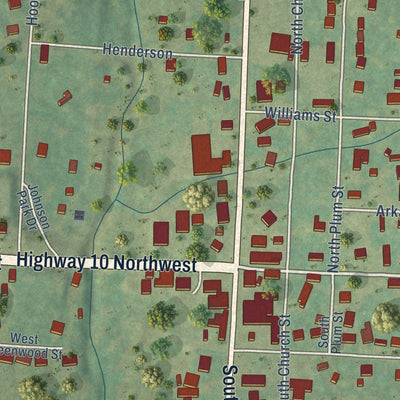 Close-up of the map of Hackett, Arkansas print showing street and building detail