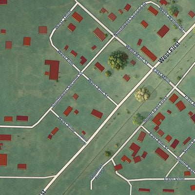 Close-up of the map of Russell, Arkansas print showing street and building detail