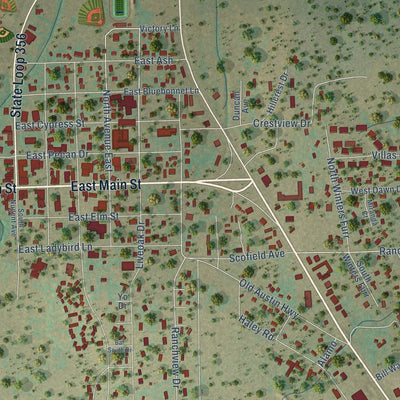 Close-up of the map of Johnson City, Texas print showing street and building detail