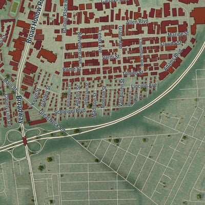 Close-up of the map of East Farmingdale, New York print showing street and building detail