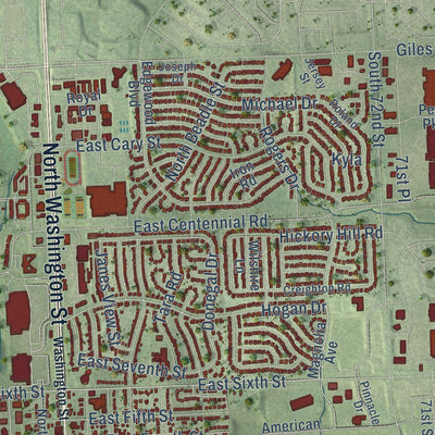 Close-up of the map of Papillion, Nebraska print showing street and building detail