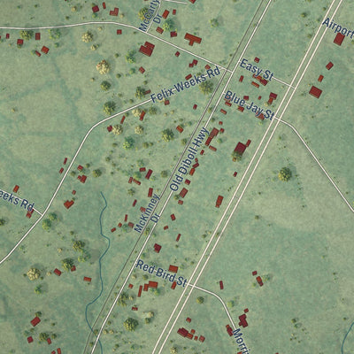 Close-up of the map of Burke, Texas print showing street and building detail