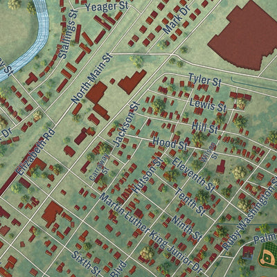 Close-up of the map of Leland, Mississippi print showing street and building detail