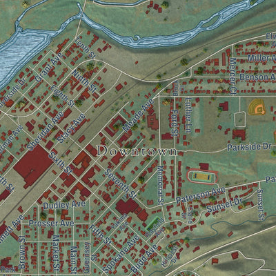 Close-up of the map of Prosser, Washington print showing street and building detail