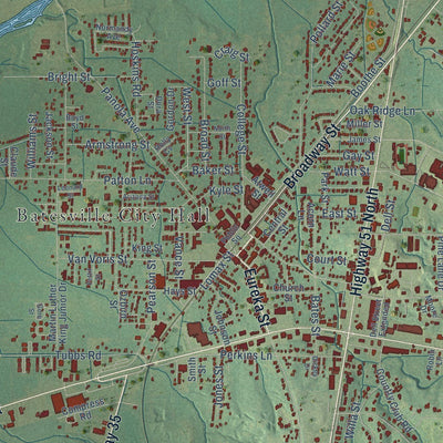 Close-up of the map of Batesville, Mississippi print showing street and building detail