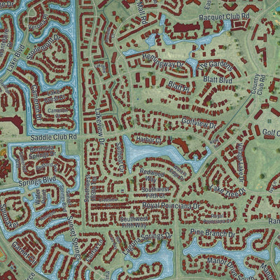 Close-up of the map of Weston, Florida print showing street and building detail