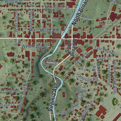 Close-up of the map of Luray, Virginia print showing street and building detail