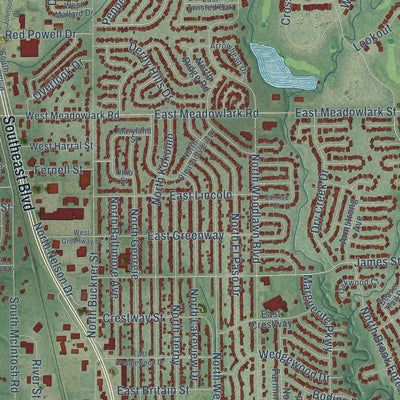 Close-up of the map of Derby, Kansas print showing street and building detail