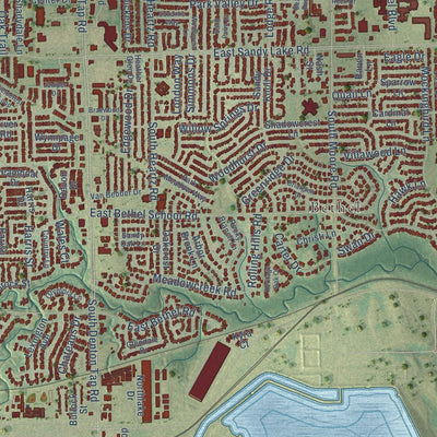 Close-up of the map of Coppell, Texas print showing street and building detail