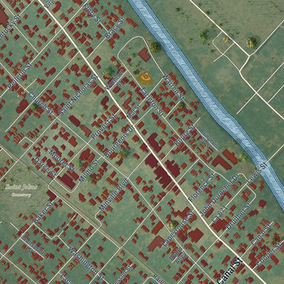 Close-up of the map of Jeanerette, Louisiana print showing street and building detail