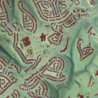Close-up of the map of Steiner Ranch, Texas print showing street and building detail