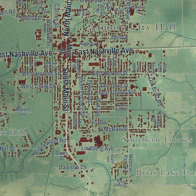 Close-up of the map of Atmore, Alabama print showing street and building detail