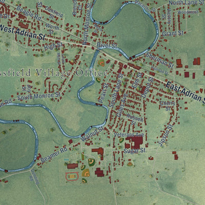Close-up of the map of Blissfield, Lenawee County, Michigan print showing street and building detail