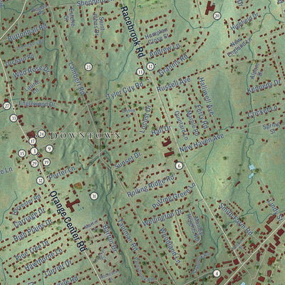 Close-up of the map of Orange, Connecticut print showing street and building detail