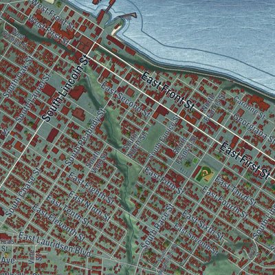 Close-up of the map of Port Angeles, Washington print showing street and building detail