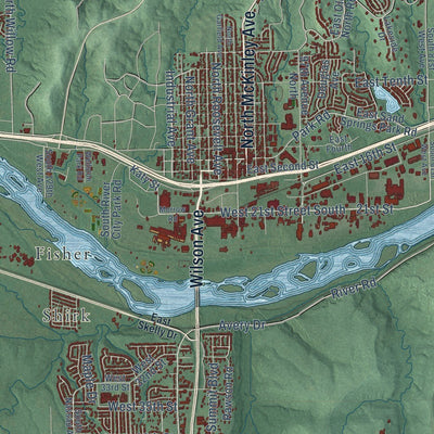 Close-up of the map of Sand Springs, Oklahoma print showing street and building detail