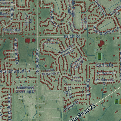 Close-up of the map of Granger, Indiana print showing street and building detail