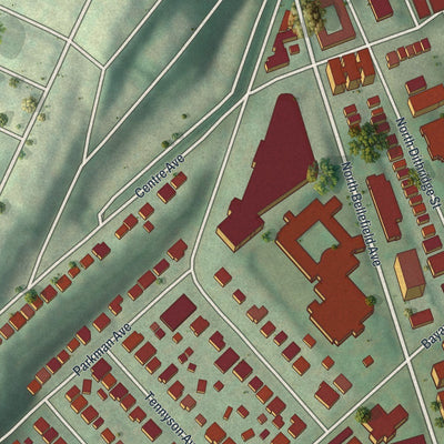 Close-up of the map of North Oakland, Pennsylvania print showing street and building detail