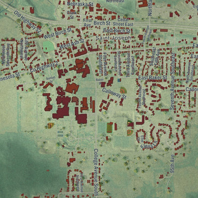 Close-up of the map of St. Joseph, Minnesota print showing street and building detail