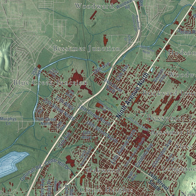 Close-up of the map of Bessemer, Alabama print showing street and building detail