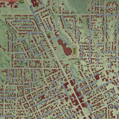 Close-up of the map of Jerseyville, Illinois print showing street and building detail