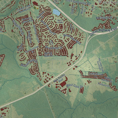 Close-up of the map of Leland, North Carolina print showing street and building detail