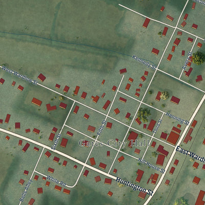 Close-up of the map of Gates, Tennessee print showing street and building detail