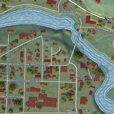 Close-up of the map of Mill City, Oregon print showing street and building detail