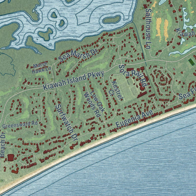 Close-up of the map of Kiawah Island, South Carolina print showing street and building detail