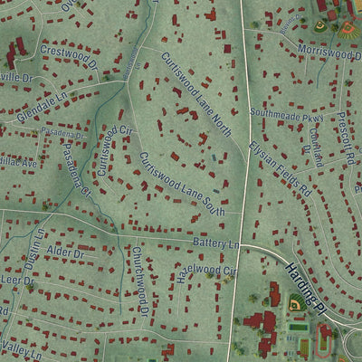 Close-up of the map of Oak Hill, Tennessee print showing street and building detail