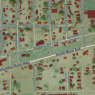 Close-up of the map of Irrigon, Oregon print showing street and building detail