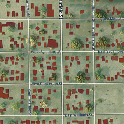 Close-up of the map of Dunkerton, Iowa print showing street and building detail