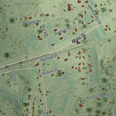 Close-up of the map of Hoffman, North Carolina print showing street and building detail