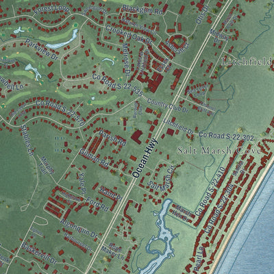 Close-up of the map of Litchfield Beach, South Carolina print showing street and building detail