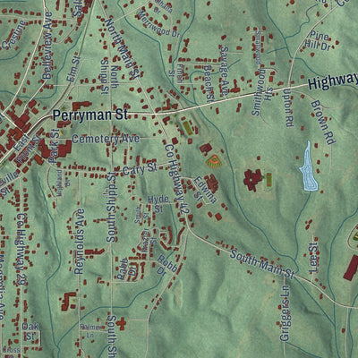 Close-up of the map of Evergreen, Alabama print showing street and building detail
