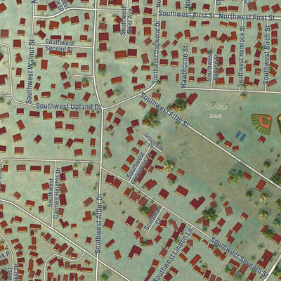 Close-up of the map of Dundee, Oregon print showing street and building detail