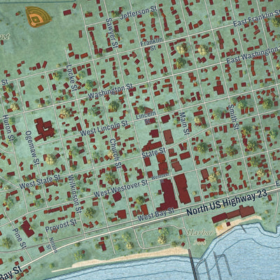 Close-up of the map of East Tawas, Michigan print showing street and building detail
