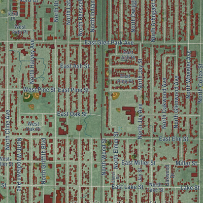 Close-up of the map of Griffith, Indiana print showing street and building detail