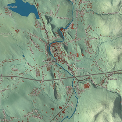 Close-up of the map of Lee, Massachusetts print showing streets and neighborhoods