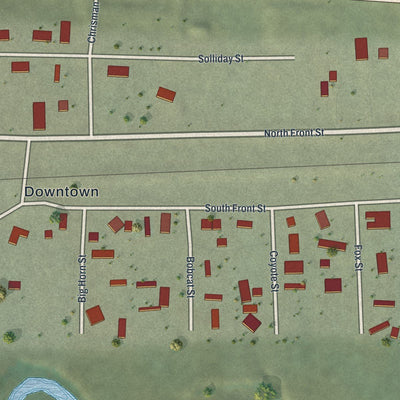 Close-up of the map of Opal, Wyoming print showing street and building detail