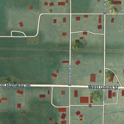 Close-up of the map of Rush Center, Kansas print showing street and building detail