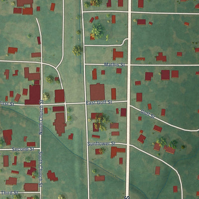 Close-up of the map of Merigold, Mississippi print showing street and building detail