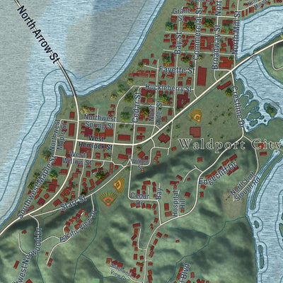 Close-up of the map of Waldport, Oregon print showing street and building detail